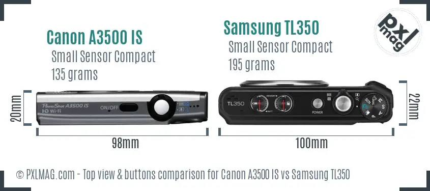 Canon A3500 IS vs Samsung TL350 top view buttons comparison