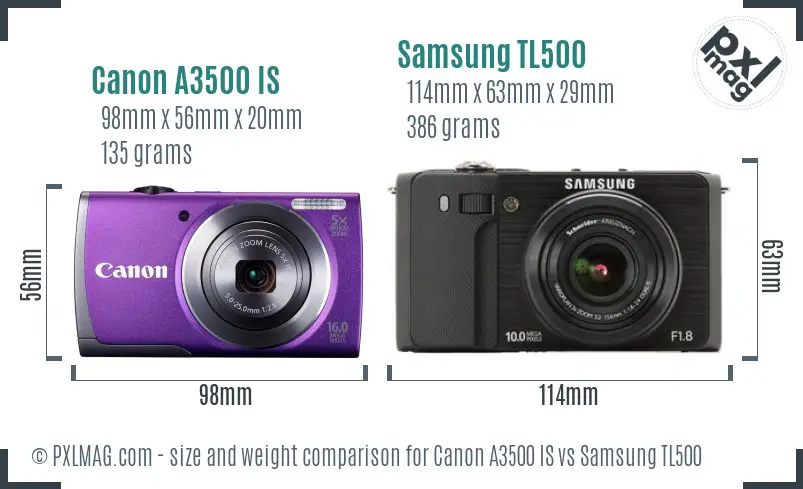 Canon A3500 IS vs Samsung TL500 size comparison Canon A3500 IS vs Samsung TL500 size comparison