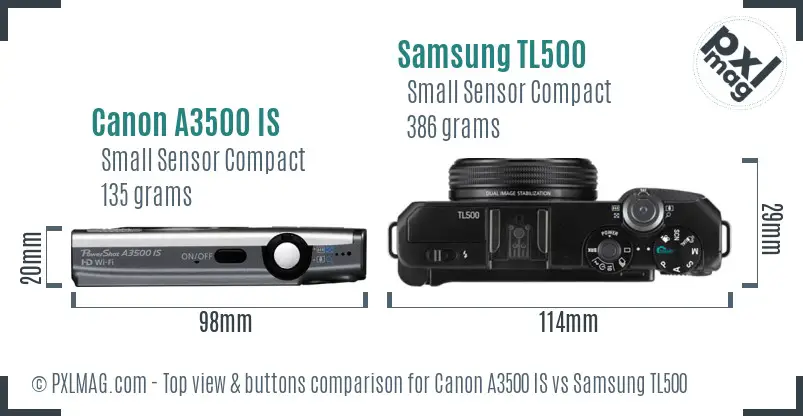 Canon A3500 IS vs Samsung TL500 top view buttons comparison Canon A3500 IS vs Samsung TL500 top view buttons comparison