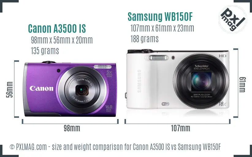 Canon A3500 IS vs Samsung WB150F size comparison