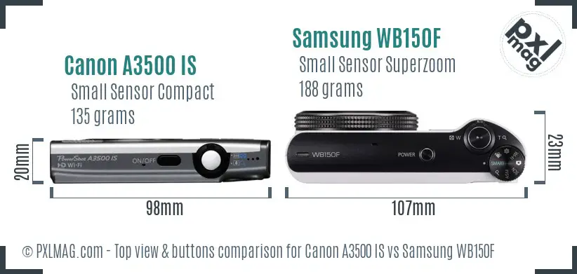 Canon A3500 IS vs Samsung WB150F top view buttons comparison