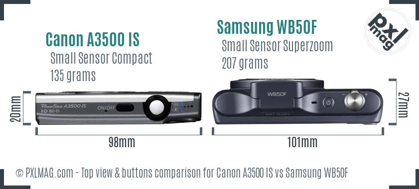 Canon A3500 IS vs Samsung WB50F top view buttons comparison