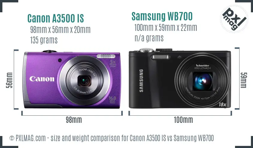 Canon A3500 IS vs Samsung WB700 size comparison