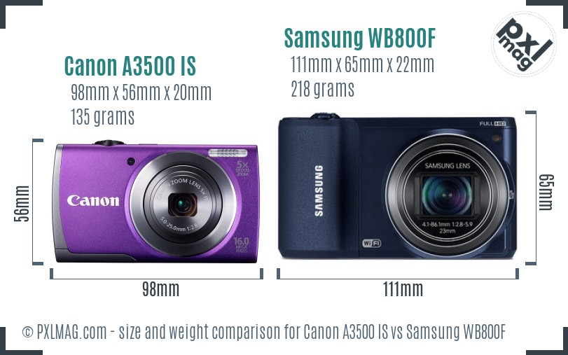 Canon A3500 IS vs Samsung WB800F size comparison