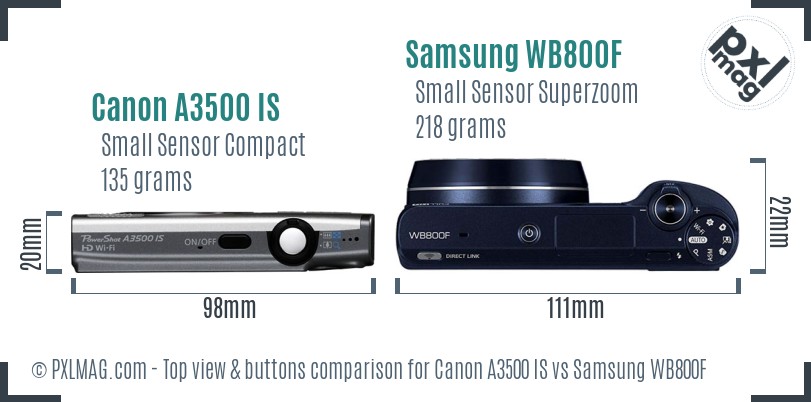 Canon A3500 IS vs Samsung WB800F top view buttons comparison