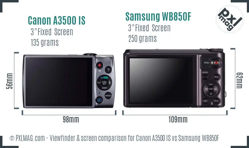 Canon A3500 IS vs Samsung WB850F Screen and Viewfinder comparison Canon A3500 IS vs Samsung WB850F Screen and Viewfinder comparison