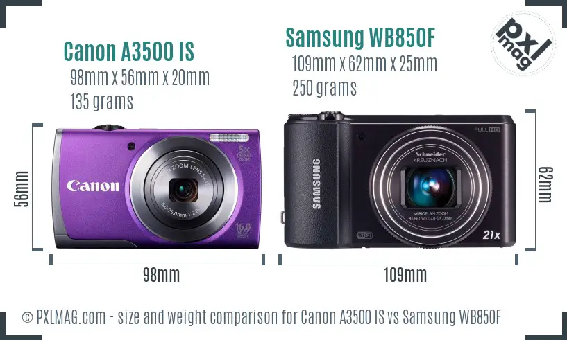 Canon A3500 IS vs Samsung WB850F size comparison Canon A3500 IS vs Samsung WB850F size comparison