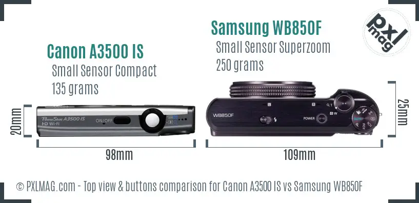 Canon A3500 IS vs Samsung WB850F top view buttons comparison Canon A3500 IS vs Samsung WB850F top view buttons comparison