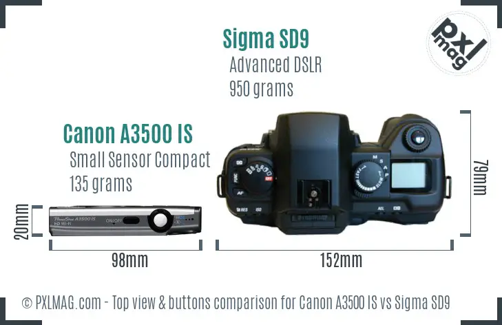 Canon A3500 IS vs Sigma SD9 top view buttons comparison