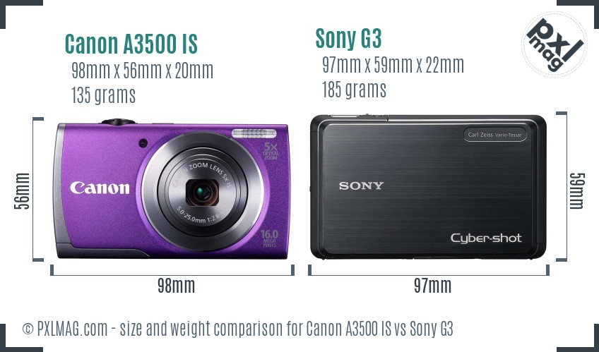 Canon A3500 IS vs Sony G3 size comparison
