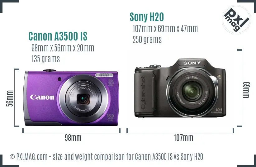 Canon A3500 IS vs Sony H20 size comparison
