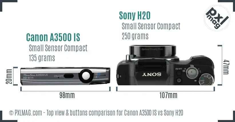 Canon A3500 IS vs Sony H20 top view buttons comparison