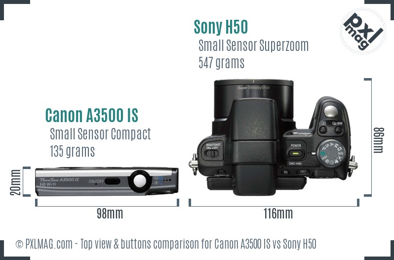 Canon A3500 IS vs Sony H50 top view buttons comparison