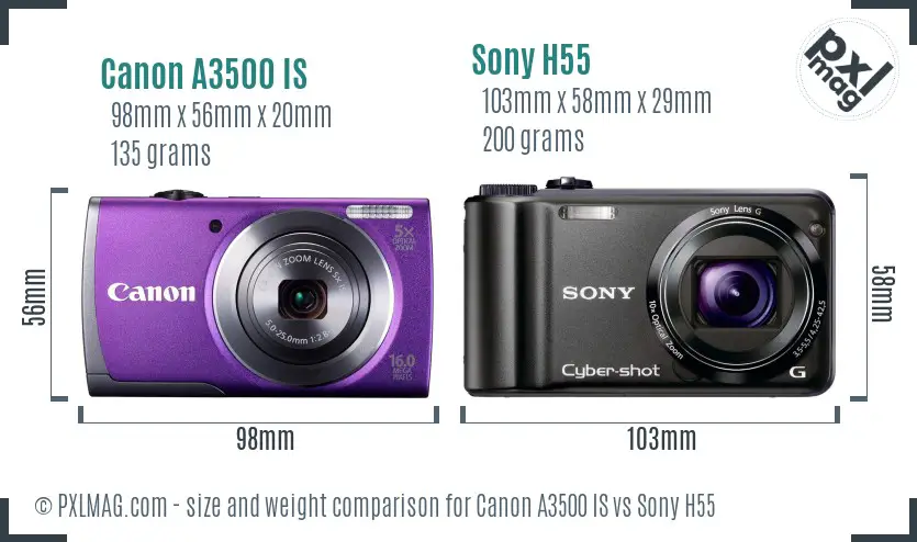 Canon A3500 IS vs Sony H55 size comparison