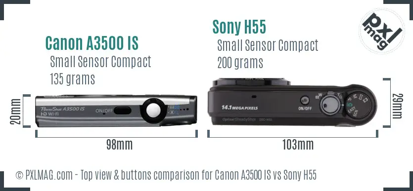 Canon A3500 IS vs Sony H55 top view buttons comparison