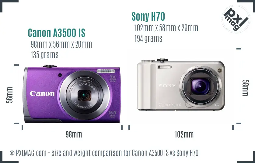 Canon A3500 IS vs Sony H70 size comparison