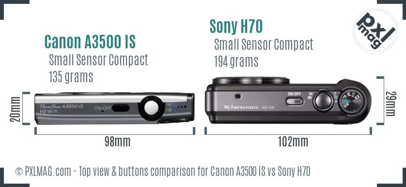 Canon A3500 IS vs Sony H70 top view buttons comparison