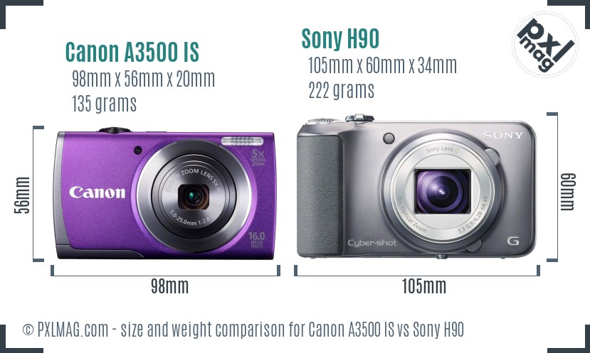 Canon A3500 IS vs Sony H90 size comparison