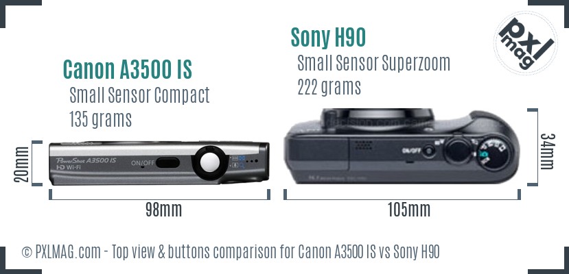 Canon A3500 IS vs Sony H90 top view buttons comparison