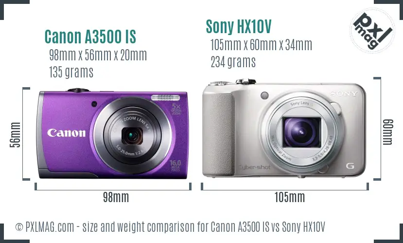 Canon A3500 IS vs Sony HX10V size comparison