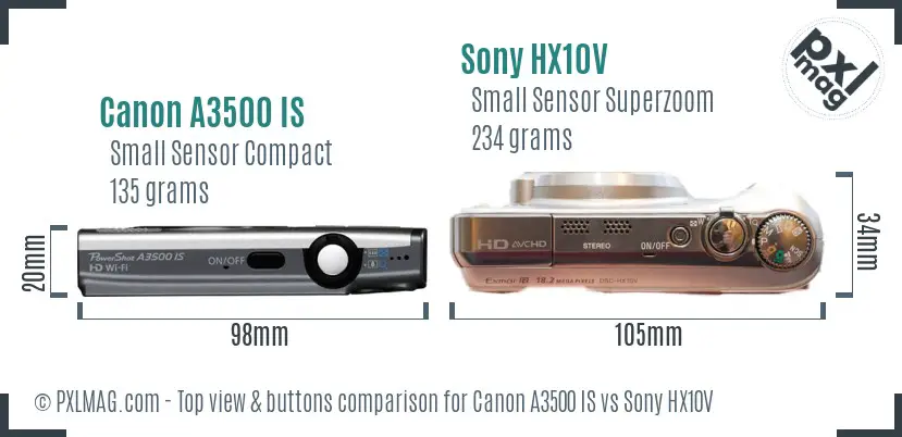 Canon A3500 IS vs Sony HX10V top view buttons comparison