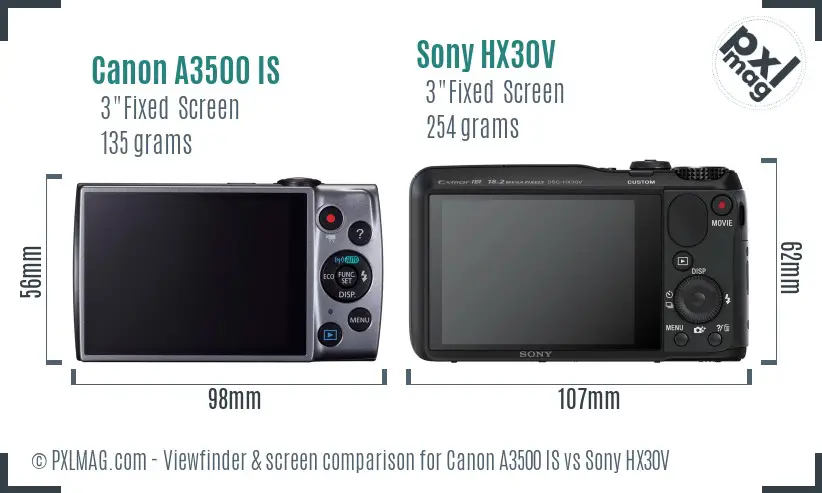 Canon A3500 IS vs Sony HX30V Screen and Viewfinder comparison