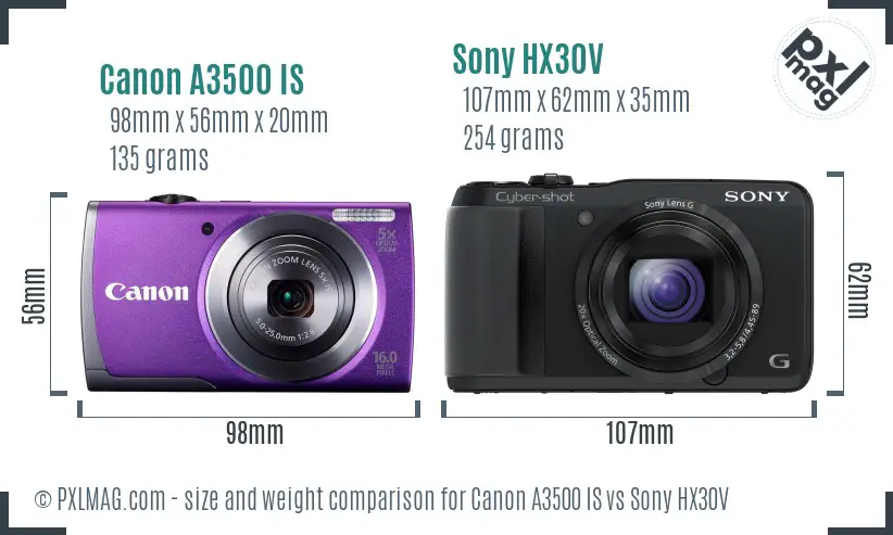 Canon A3500 IS vs Sony HX30V size comparison