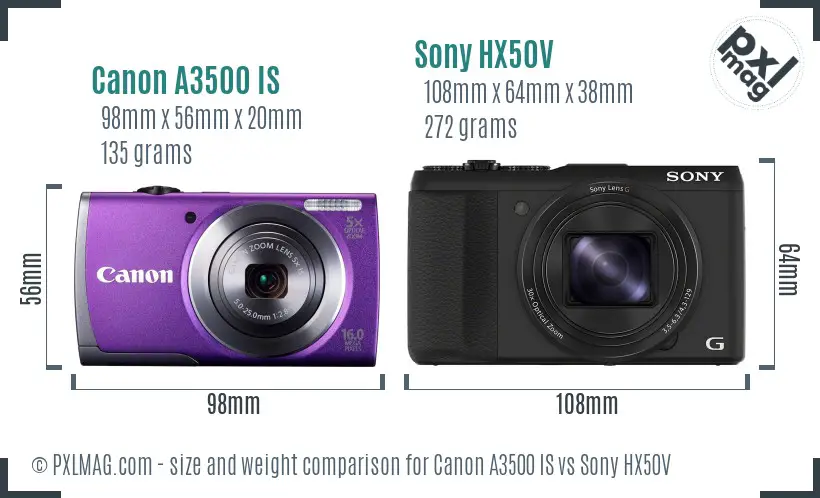 Canon A3500 IS vs Sony HX50V size comparison