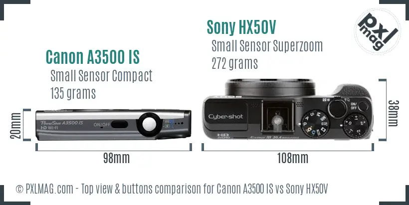 Canon A3500 IS vs Sony HX50V top view buttons comparison