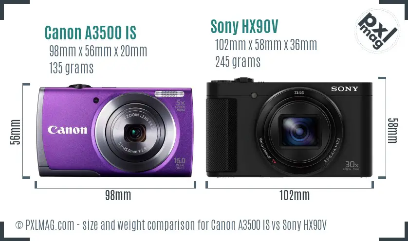 Canon A3500 IS vs Sony HX90V size comparison