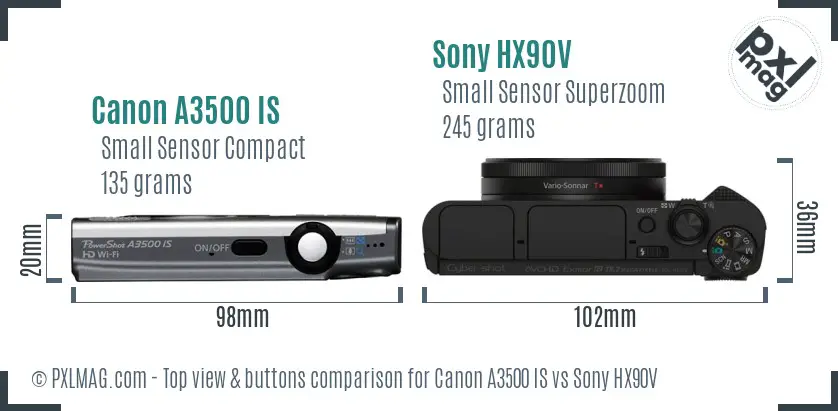 Canon A3500 IS vs Sony HX90V top view buttons comparison