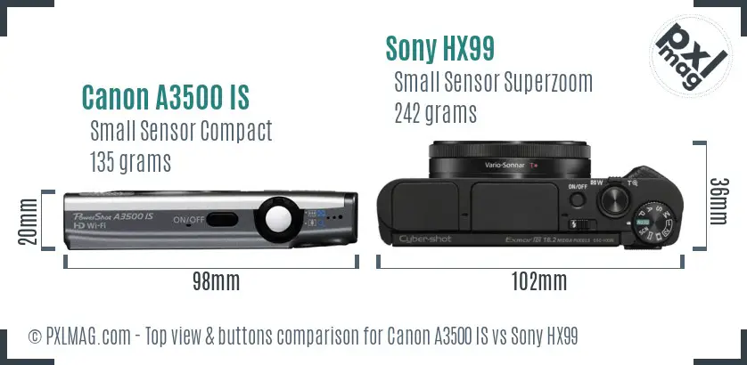 Canon A3500 IS vs Sony HX99 top view buttons comparison