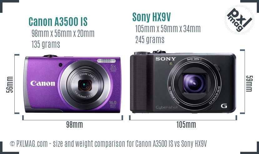 Canon A3500 IS vs Sony HX9V size comparison Canon A3500 IS vs Sony HX9V size comparison