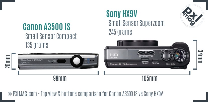 Canon A3500 IS vs Sony HX9V top view buttons comparison