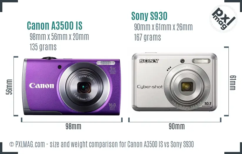 Canon A3500 IS vs Sony S930 size comparison