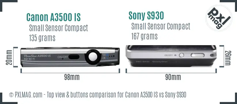 Canon A3500 IS vs Sony S930 top view buttons comparison