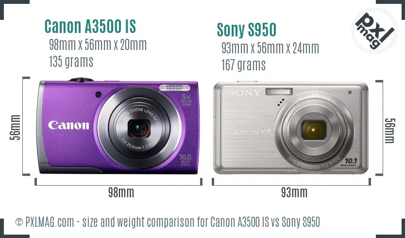 Canon A3500 IS vs Sony S950 size comparison
