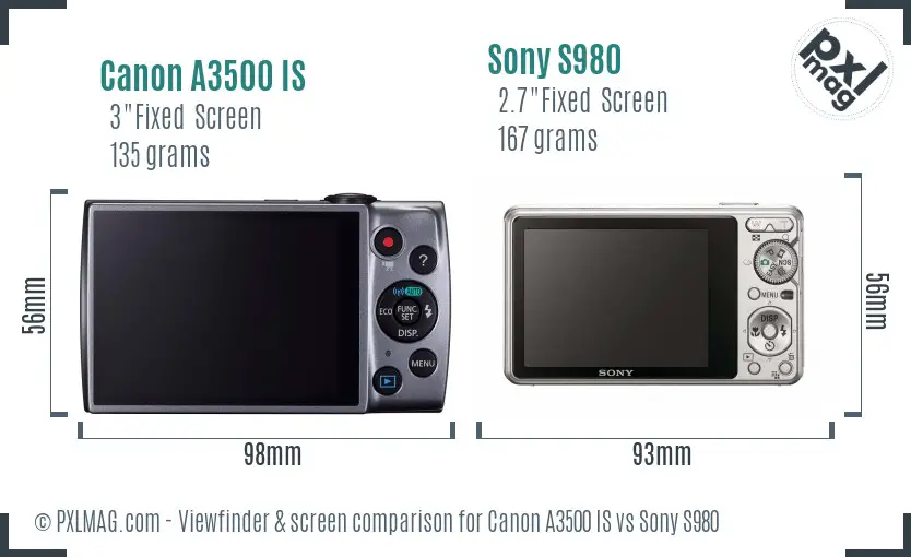 Canon A3500 IS vs Sony S980 Screen and Viewfinder comparison
