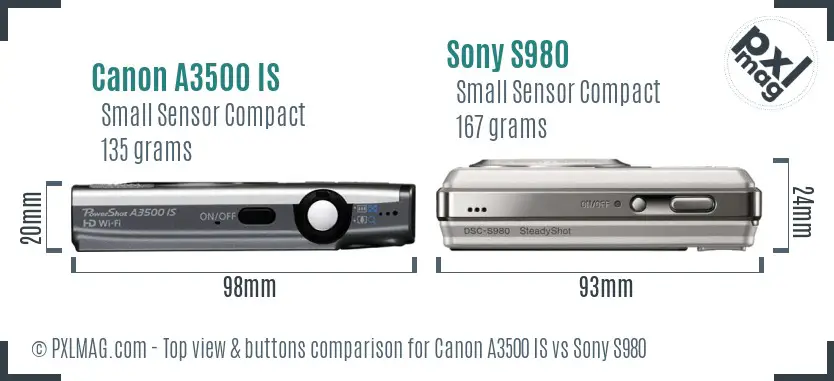 Canon A3500 IS vs Sony S980 top view buttons comparison