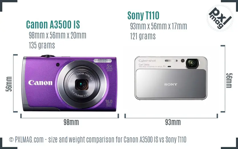 Canon A3500 IS vs Sony T110 size comparison