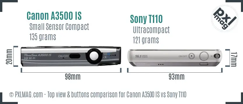 Canon A3500 IS vs Sony T110 top view buttons comparison