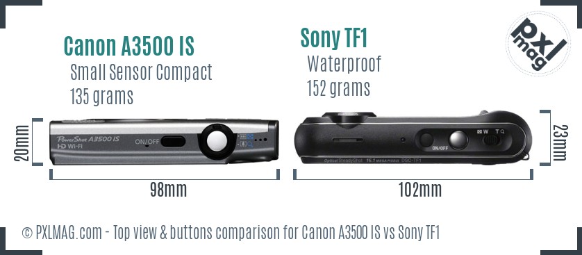 Canon A3500 IS vs Sony TF1 top view buttons comparison