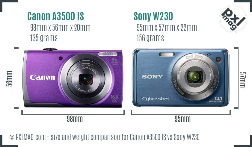 Canon A3500 IS vs Sony W230 size comparison