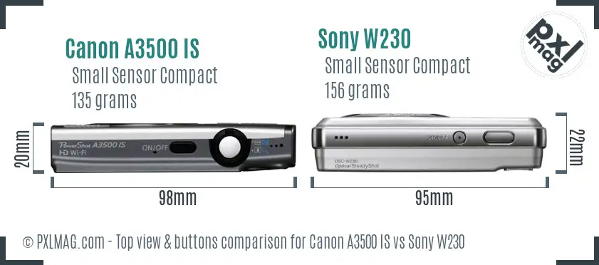 Canon A3500 IS vs Sony W230 top view buttons comparison