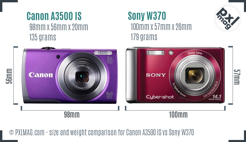 Canon A3500 IS vs Sony W370 size comparison