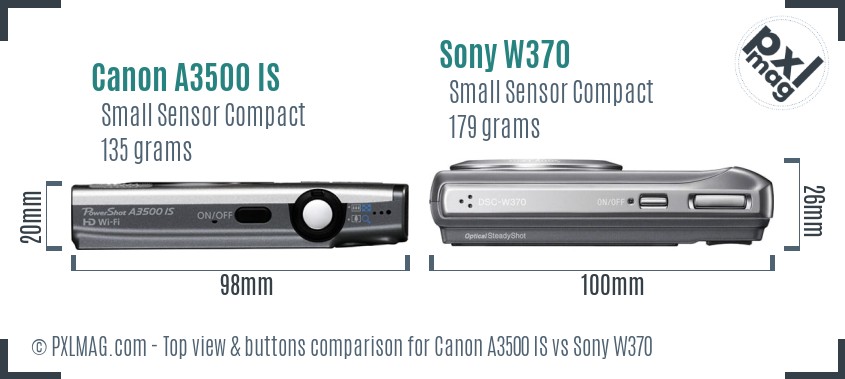 Canon A3500 IS vs Sony W370 top view buttons comparison