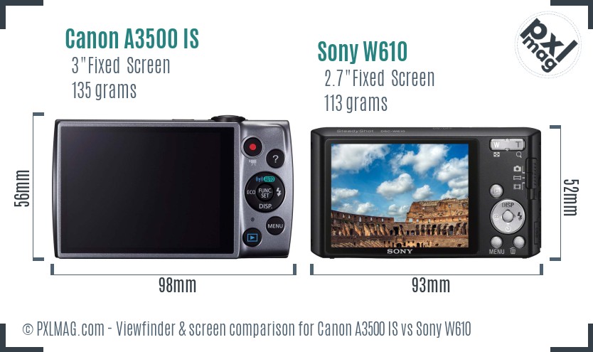 Canon A3500 IS vs Sony W610 Screen and Viewfinder comparison