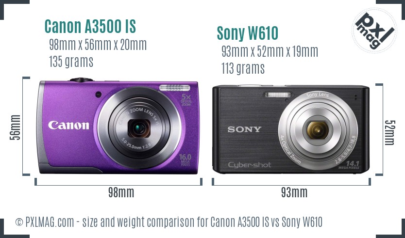 Canon A3500 IS vs Sony W610 size comparison