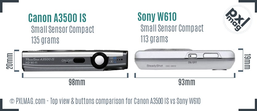 Canon A3500 IS vs Sony W610 top view buttons comparison