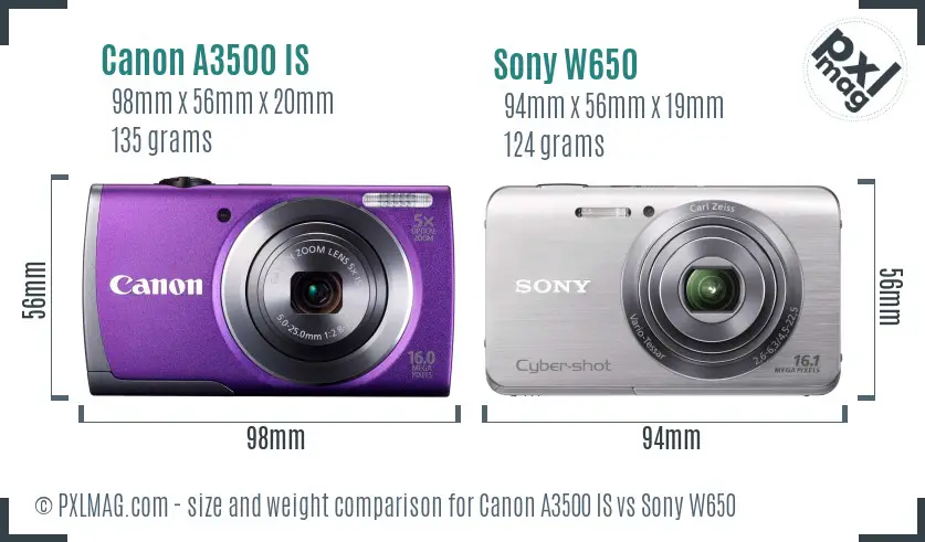 Canon A3500 IS vs Sony W650 size comparison